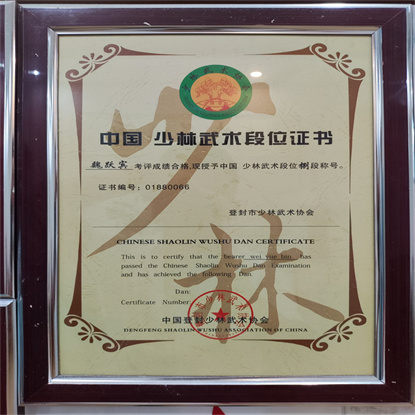 中國(guó)少林武術(shù)段位證書